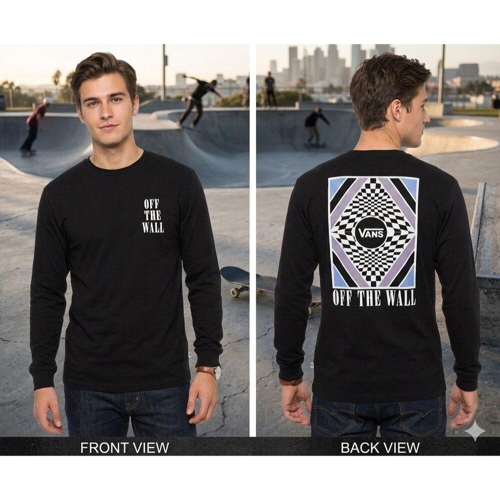 Vans Off The Wall Men’s Medium Black Long Sleeve Shirt Checkerboard Graphic